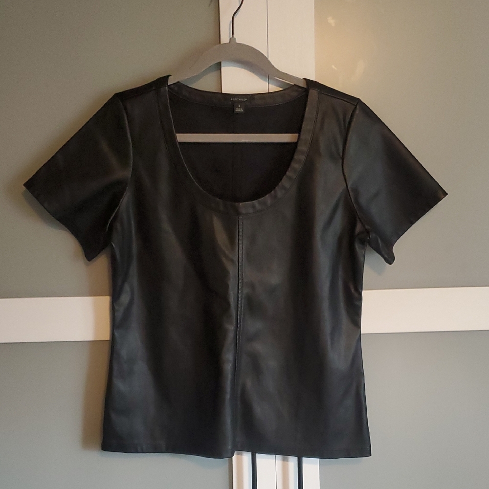 Ann Taylor Black Faux Leather Short Sleeve Top